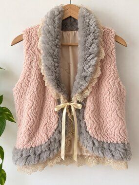 Pink & Grey Faux Fur Lace Trim Vest